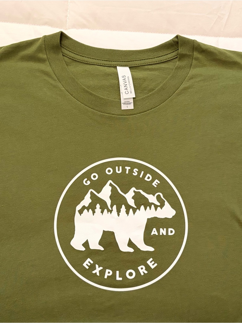 Bella Canvas Kids 'Go Outside and Explore' Olive Green Graphic Tee
